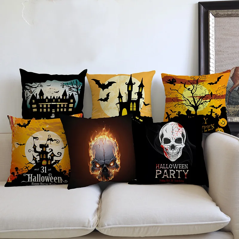 

2018 New Halloween Throw Pillow Decoration Art Black Cat Castle Bat Witch Pumpkin Scary face Print Sofa Decorative Cushion Cover