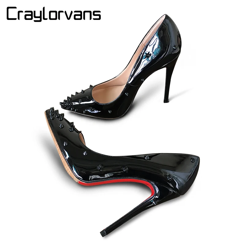 Фото Craylorvans Top Quality Women Pumps Patent Leather High Heel 2018 Rivet Shoes Pointed Toe | Обувь