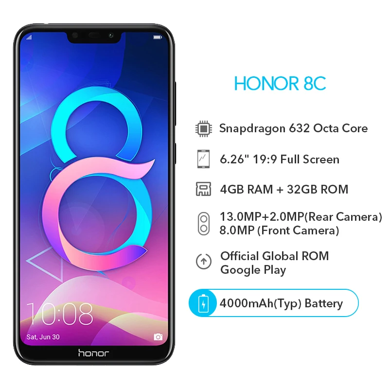 Оригинал Honor 8C 4 Гб 32 ГБ Google Play мобильный телефон 4000 мАч Snapdragon 632 Восьмиядерный 6 26