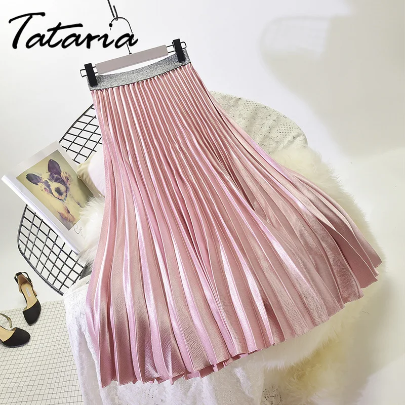 Фото Tataria High Waisted Skirt for Women Spring Autumn Suede Long Pleated Skirts Casual Retro Solid Color Metallic | Женская одежда