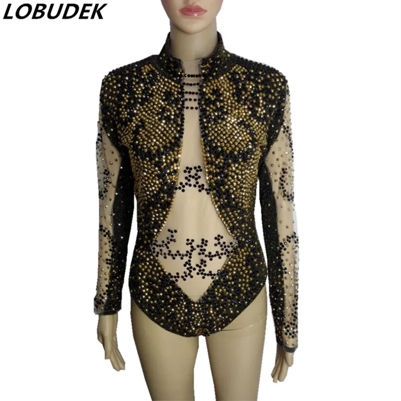 Female Shining Rhinestones Costume Golden black Crystals Bodysuit Bar DJ Singer Sexy See-through Stage Outfit Host Model Catwalk
Female Shining Rhinestones Costume Golden black Crystals Bodysuit Bar DJ Singer Sexy See-through Stage Outfit Host Model Catwalk