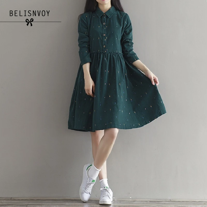 2019 Autumn Women Dresses Turn-down Collar Character Long Sleeve Casual Loose Vestidos Femininos Corduroy Green Vintage Dress
2019 Autumn Women Dresses Turn-down Collar Character Long Sleeve Casual Loose Vestidos Femininos Corduroy Green Vintage Dress