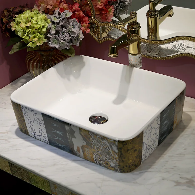 

Bathroom Lavabo Ceramic Counter Top Wash Basin Cloakroom Hand Painted Vessel Sink bathroom sink rectangular antique wash basin
