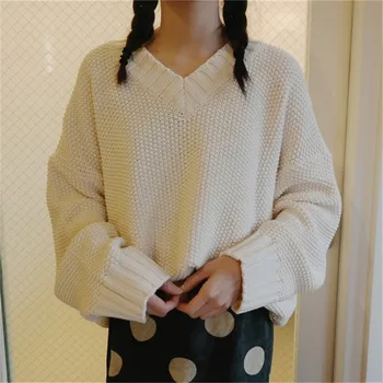 Retro Sweater Women V-neck Knitting Thick Loose Clothes Solid Long Sleeve Pullovers Keep Warm Female Sweater Simple
Retro Sweater Women V-neck Knitting Thick Loose Clothes Solid Long Sleeve Pullovers Keep Warm Female Sweater Simple