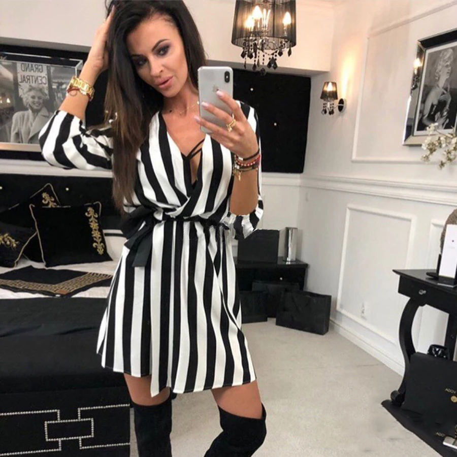 2018-Summer-Women-Dress-Striped-Office-A-Line-Dress-Batwing-Deep-V-Neck-Tunic-Bandage-Bodycon (4)