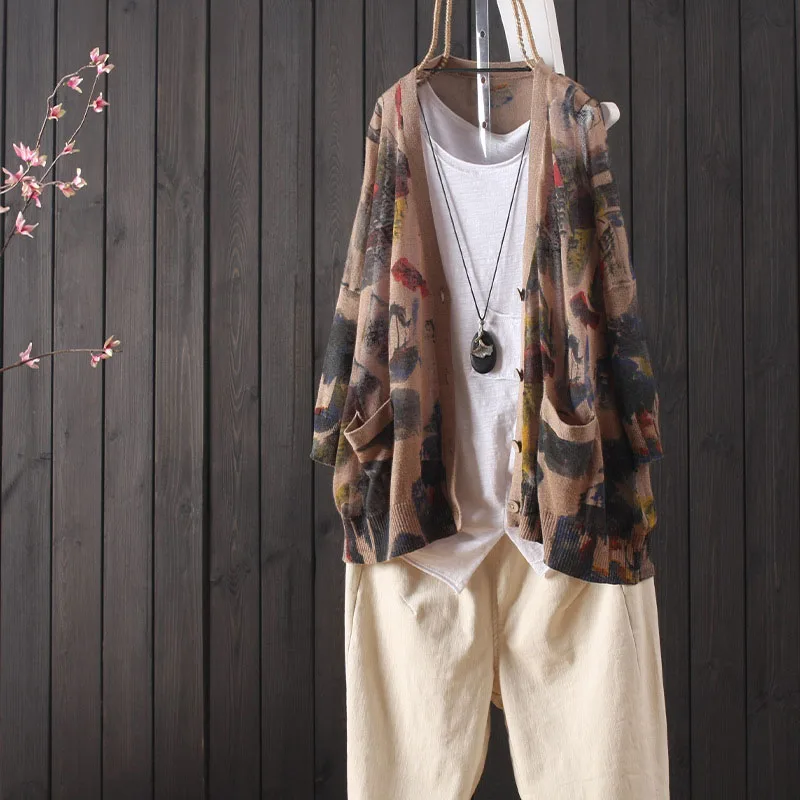 Autumn Thin Cardigan Female Sweater Tops Loose Chinese Style Printing Pattern Retro Knitwear Loose Pocket Single-breasted Linen
Autumn Thin Cardigan Female Sweater Tops Loose Chinese Style Printing Pattern Retro Knitwear Loose Pocket Single-breasted Linen