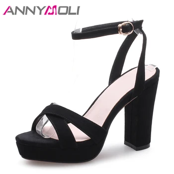 ANNYMOLI Genuine Leather High Heels Sandals Summer Shoes Woman 2018 Thick Heels Platform Shoes Lady Black Cow Leather Size 34-39 
ANNYMOLI Genuine Leather High Heels Sandals Summer Shoes Woman 2018 Thick Heels Platform Shoes Lady Black Cow Leather Size 34-39