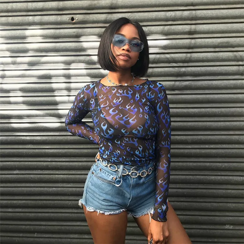 Streetwear Flame Printed Slim Fit Mesh T-Shirt Women Summer New Sexy Transparent Crop Tops Tee Femme Casual Long Sleeve Shirts
Streetwear Flame Printed Slim Fit Mesh T-Shirt Women Summer New Sexy Transparent Crop Tops Tee Femme Casual Long Sleeve Shirts