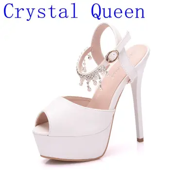 

Crystal Queen Summer Rome Style Sandals 14cm Gladiator Women Sandals Platform High Heels Luxury Water Drill Pearl Tassel Shoes