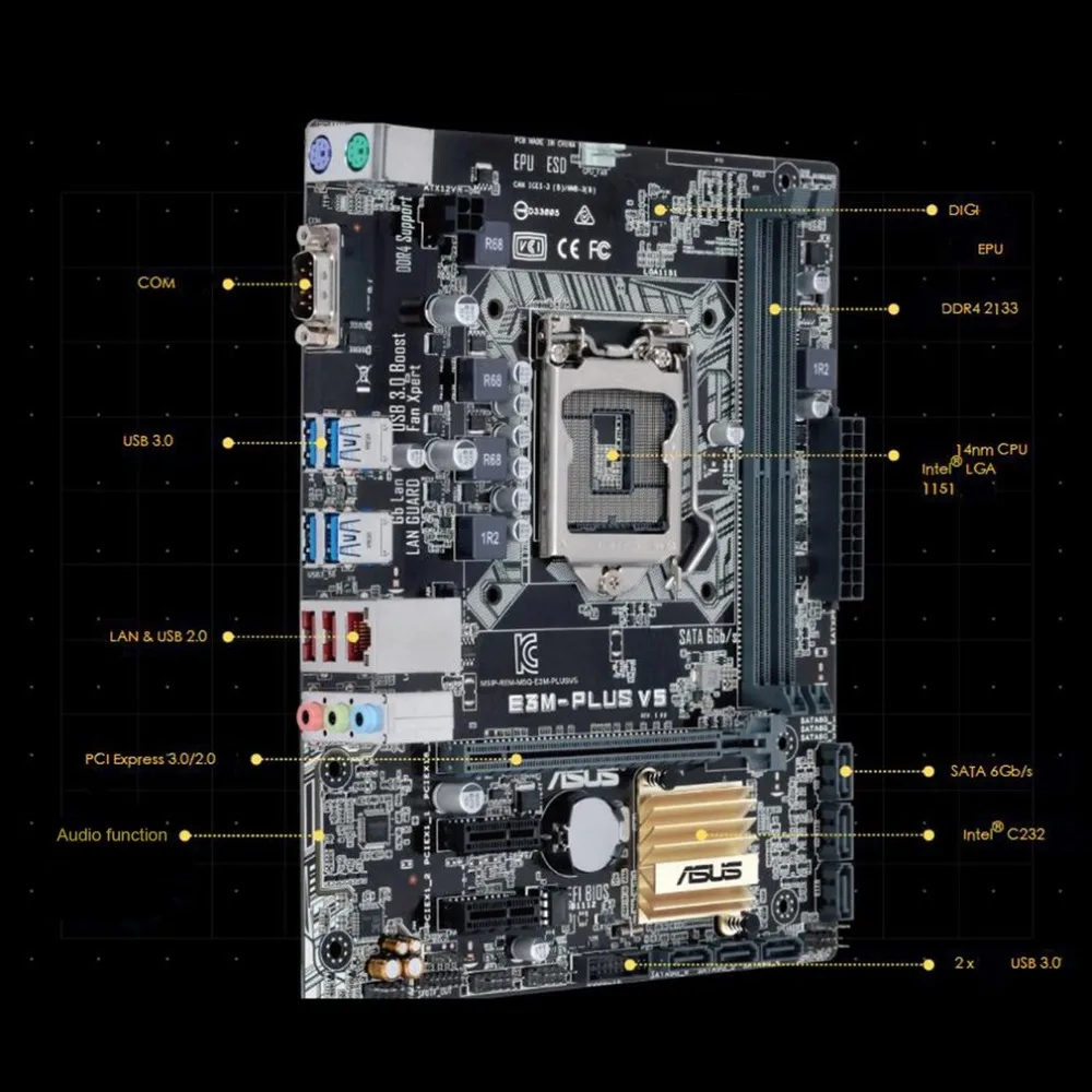 Original Asus E3M-PLUS V5 Original Desktop Motherboard C232 LGA 1151 DDR4 32G SATA3 USB3.1 Micro-ATX 2133MHz Fast Speed
Original Asus E3M-PLUS V5 Original Desktop Motherboard C232 LGA 1151 DDR4 32G SATA3 USB3.1 Micro-ATX 2133MHz Fast Speed