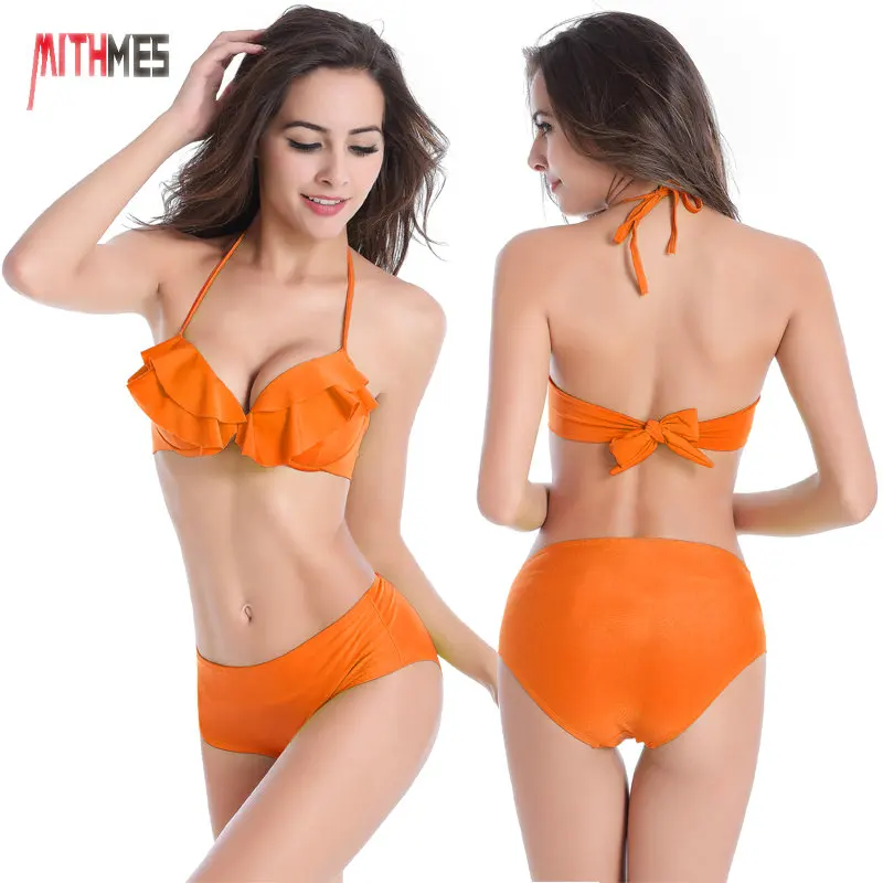 Orange 2017 strappy sexy bikinis swimsuit женщин купальники треугольник мягкий push up бразильский