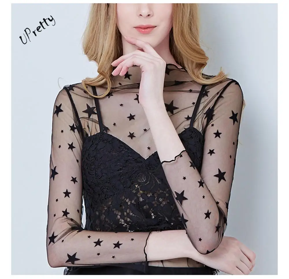 Mesh Bottoming Shirt Perspective Lace Hook Flower gauze Ladies Long-sleeved Black Dot Stars Striped Shirt
Mesh Bottoming Shirt Perspective Lace Hook Flower gauze Ladies Long-sleeved Black Dot Stars Striped Shirt
