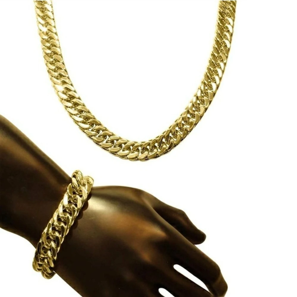 

Mens Accessories 18k Yellow Gold Filled Mens Necklace Bracelet Set Double Curb Chain Set (24"+9")