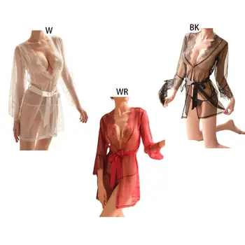 Women Erotic Sheer Mesh Lingerie Kimono Robe Eyelash Floral Lace Splicing Babydoll Nightgown Solid Sleepwear With G-String Sash
Women Erotic Sheer Mesh Lingerie Kimono Robe Eyelash Floral Lace Splicing Babydoll Nightgown Solid Sleepwear With G-String Sash