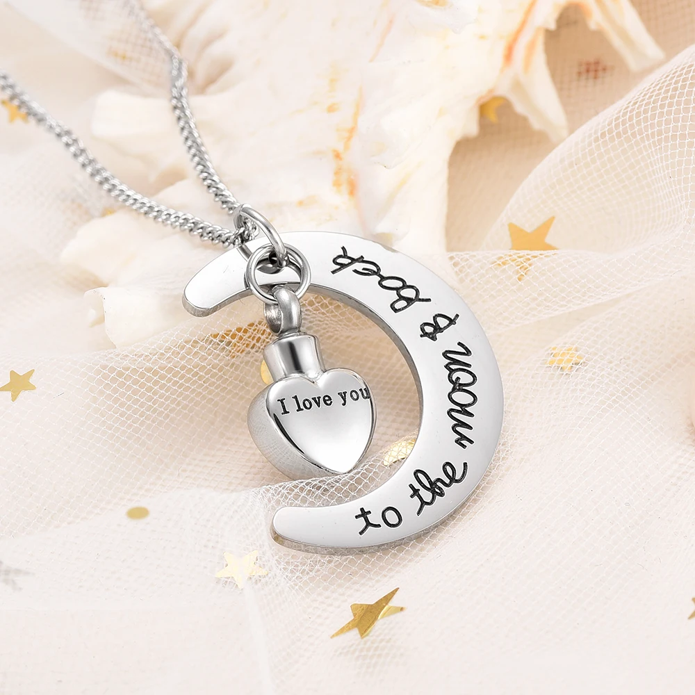 

Moon and Heart Memorial Jewelry Ashes Keepsake Pendant for Human Ash Holder Stainless Steel Cremation Urn Necklace