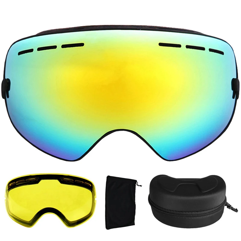 Image LOCLE Ski Goggles Anti fog UV400 Spherical Ski Glasses Ski Snowboard Goggles Double Lens Ski Eyewear With Extra Lens and Box