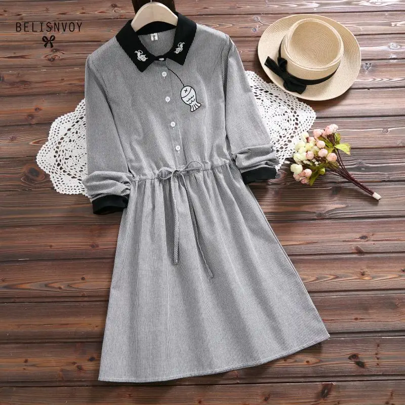 Mori Girl Spring Autumn Women Dresses Cotton Linen Striped Embroidery Mujer Vestidos Long Sleeve Vintage Blue Gray Dress
Mori Girl Spring Autumn Women Dresses Cotton Linen Striped Embroidery Mujer Vestidos Long Sleeve Vintage Blue Gray Dress