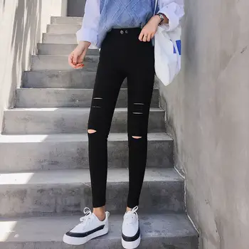 Korean High Waist Skinny Fashion women hole pants outerwear leggings women black feet Ankle-length Slim Ripped pencil pants 2018
Korean High Waist Skinny Fashion women hole pants outerwear leggings women black feet Ankle-length Slim Ripped pencil pants 2018