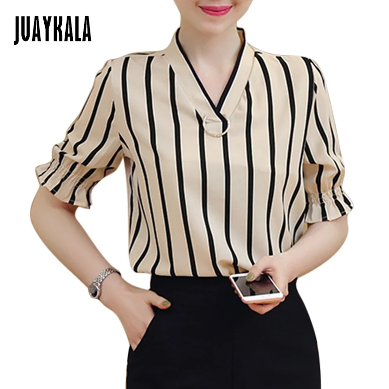JUAYKALA New women summer striped chiffon blouse woman top V- neck OL short sleeve shirt
JUAYKALA New women summer striped chiffon blouse woman top V- neck OL short sleeve shirt