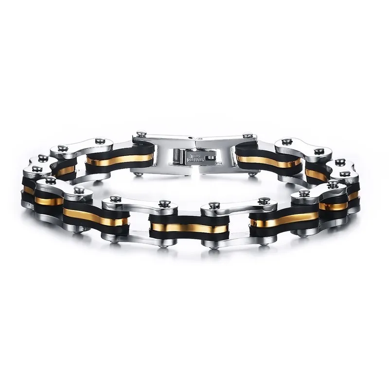 Men's Bicycle Motorcycle Bracelets with Black Silicone Golden Stripe Rubber Bike Chain Bracelet Male Jewelry 8.8 Inch
Men's Bicycle Motorcycle Bracelets with Black Silicone Golden Stripe Rubber Bike Chain Bracelet Male Jewelry 8.8 Inch