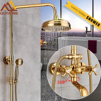 Quyanre Golden Shower Faucet Set Brass Rainfall Shower 360 Swivel Tub Spout Dual Handles Mixer Tap Bathroom Shower Faucets Set
Quyanre Golden Shower Faucet Set Brass Rainfall Shower 360 Swivel Tub Spout Dual Handles Mixer Tap Bathroom Shower Faucets Set