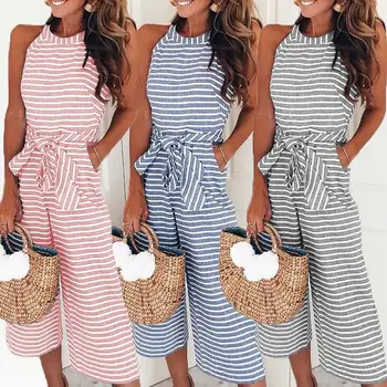 Summer Women's Pants Sexy Sleeveless Loose Stripes Wide Leg Long Pants Strappy Jumpsuit
Summer Women's Pants Sexy Sleeveless Loose Stripes Wide Leg Long Pants Strappy Jumpsuit