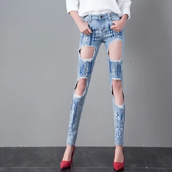 Spring Summer Fashion Women Ripped Hole Beggar Skinny Pencil Denim Trousers , Casual Designer Woman Sequins Stretch Jeans Pants
Spring Summer Fashion Women Ripped Hole Beggar Skinny Pencil Denim Trousers , Casual Designer Woman Sequins Stretch Jeans Pants