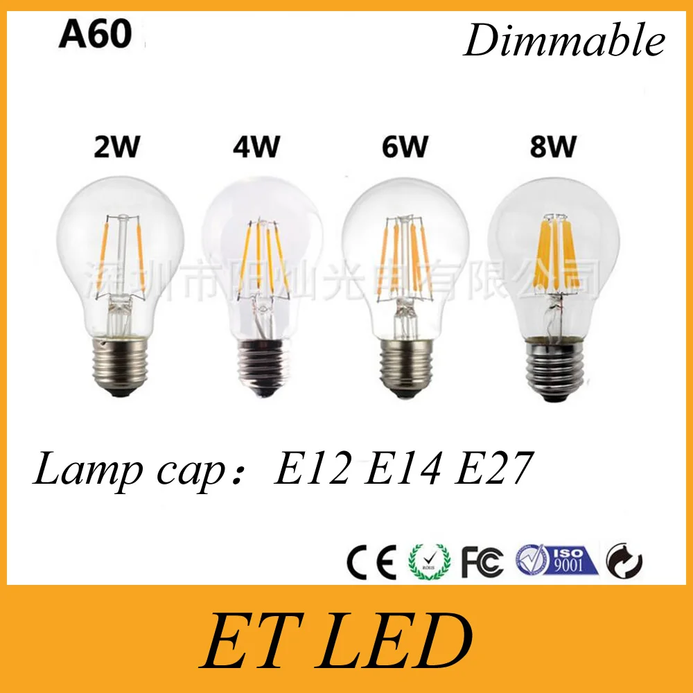 A60 LED Filament Bulb AC85-265V 110v 220v 2W 4W 6W 8W Edison LED Lamp E27 E12 E14 Candelabra Light Bulb Warm White 2700K CE UL
A60 LED Filament Bulb AC85-265V 110v 220v 2W 4W 6W 8W Edison LED Lamp E27 E12 E14 Candelabra Light Bulb Warm White 2700K CE UL