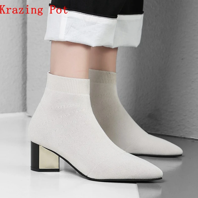 Krazing Pot 2018 Autumn knitting material square heels pointed toe office lady western model superstar design fashion boots L16 
Krazing Pot 2018 Autumn knitting material square heels pointed toe office lady western model superstar design fashion boots L16