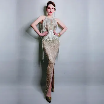 Sparkly Rhinestones dress Front split Nude fringe Dress Sexy Full Stones Long Dress Costume Prom Birthday Celebrate Dresses
Sparkly Rhinestones dress Front split Nude fringe Dress Sexy Full Stones Long Dress Costume Prom Birthday Celebrate Dresses