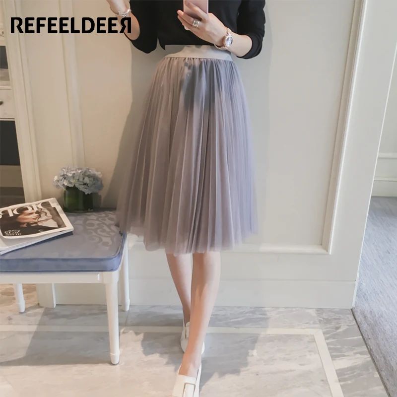 Image Refeeldeer Adult Tulle Skirts Womens 2017 Black Gray White Elastic High Waist Pleated Midi Skirt Female Knee Length Skirt