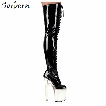 

Sorbern Black Shiny Thigh High Boots Lace Up Platform Lady Shoes Women 20Cm/10Cm Clear High Heels Thick Heels Fetish Shoes