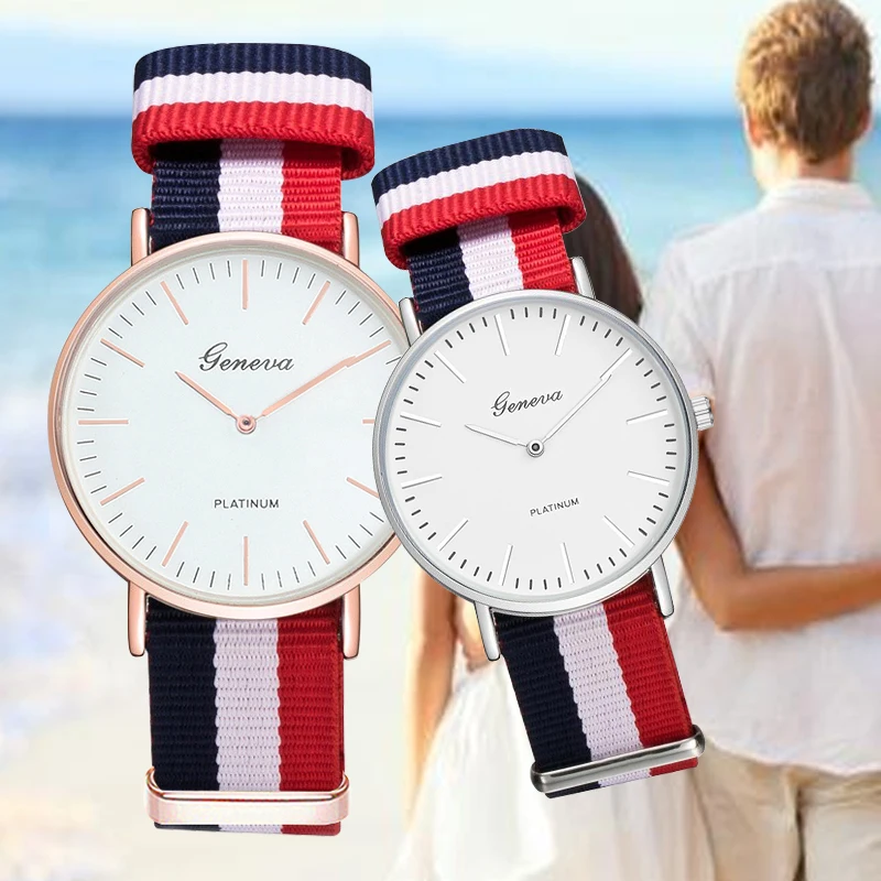 

High Quality Geneva Couple Watchband Watch Gold Silver Dial Multicolor Canvas Nylon Strap Casual Men Women Quartz WristWatches Nylon Strap Brand Luxury Dress Simple Designer Lover's Clock Hot Gift montre homme Relogio