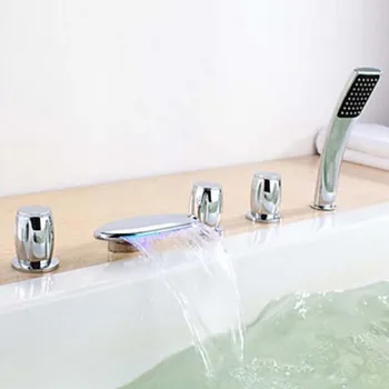 Contemporary Chrome Three Handles LED Color Widespread Tub Faucet W/ Hand Shower
Contemporary Chrome Three Handles LED Color Widespread Tub Faucet W/ Hand Shower