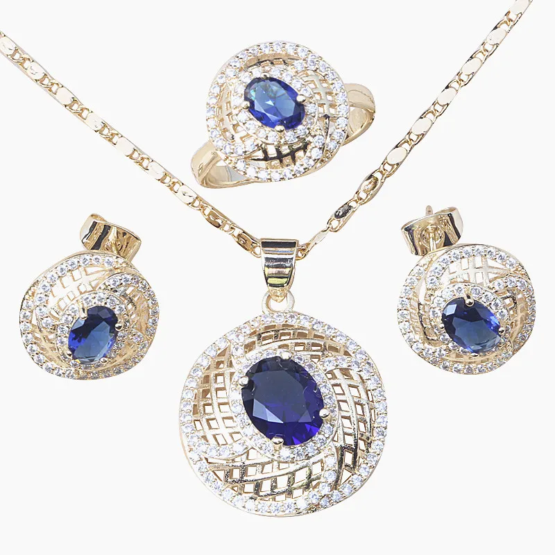 Фото Потрясающие синие кристаллы белые CZ золотые серьги подвеска ожерелье кольцо