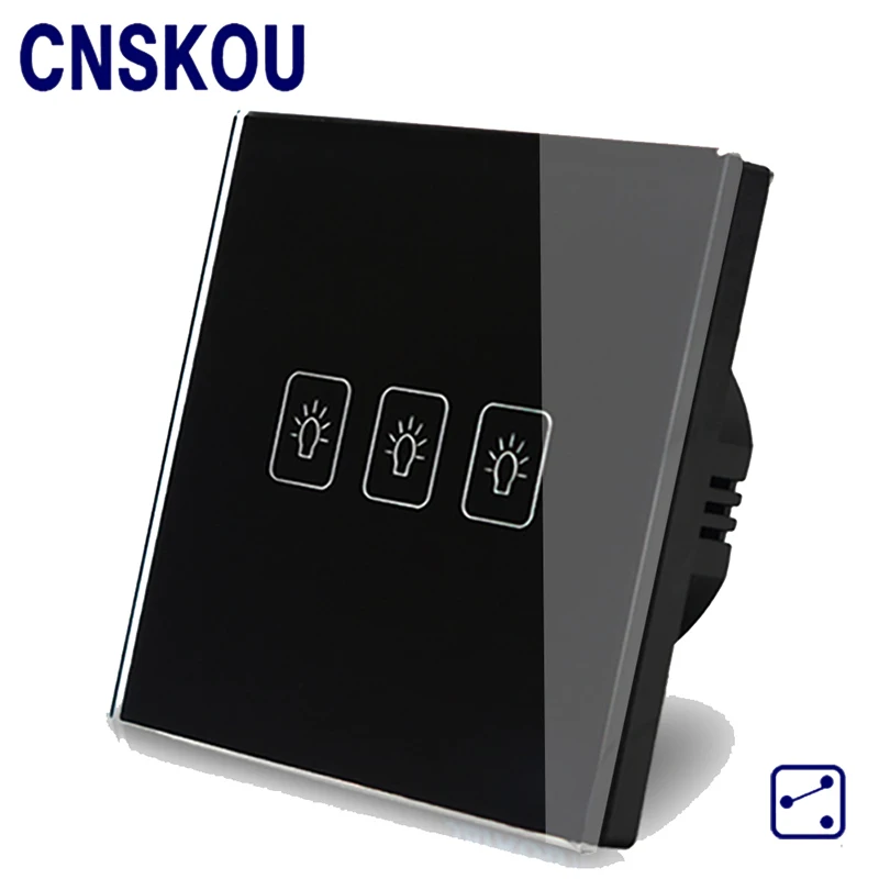 

CNSKOU EU Standard 3 Gang 2 Way AC220~250V 2000W Tempered Glass Panel Power Wall Touch Button Electrical Light Switch