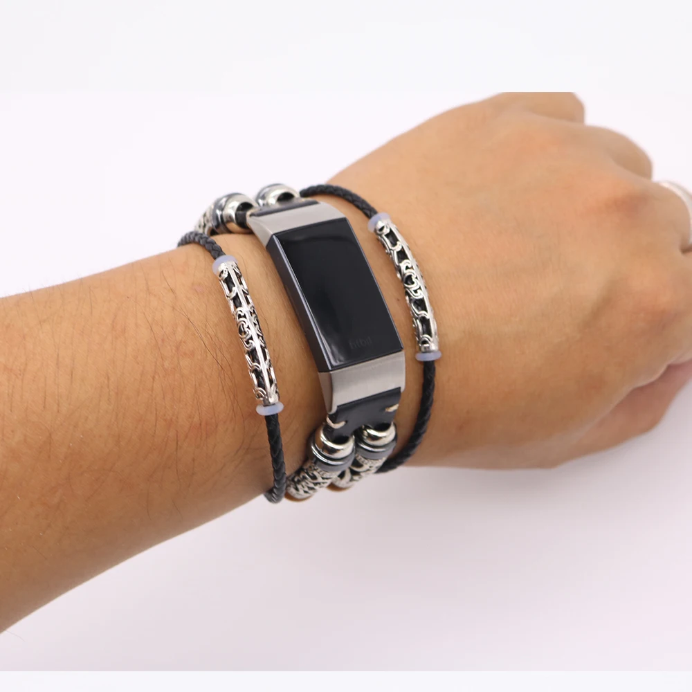Ремешок кожаный для часов Fitbit Charge 3 браслет в ретро стиле с ювелирными