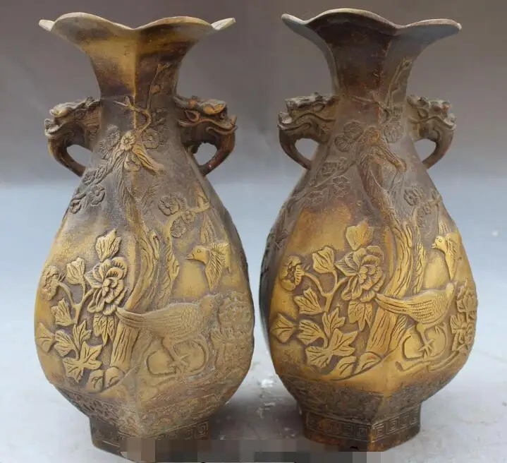 S2372 8" Marked Chinese Bronze Dynasty Elephant Beast Flowers Vase Bottle Statue Pair discount 30% (C0324)