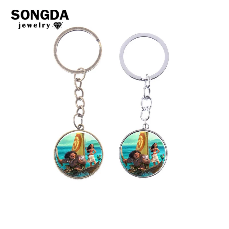 

SONGDA Cartoon Film Moana Keychain Maui Moana Pua Heihei Figures Series Round Metal Pendant Key Ring Birthday Gifts Kids Jewelry