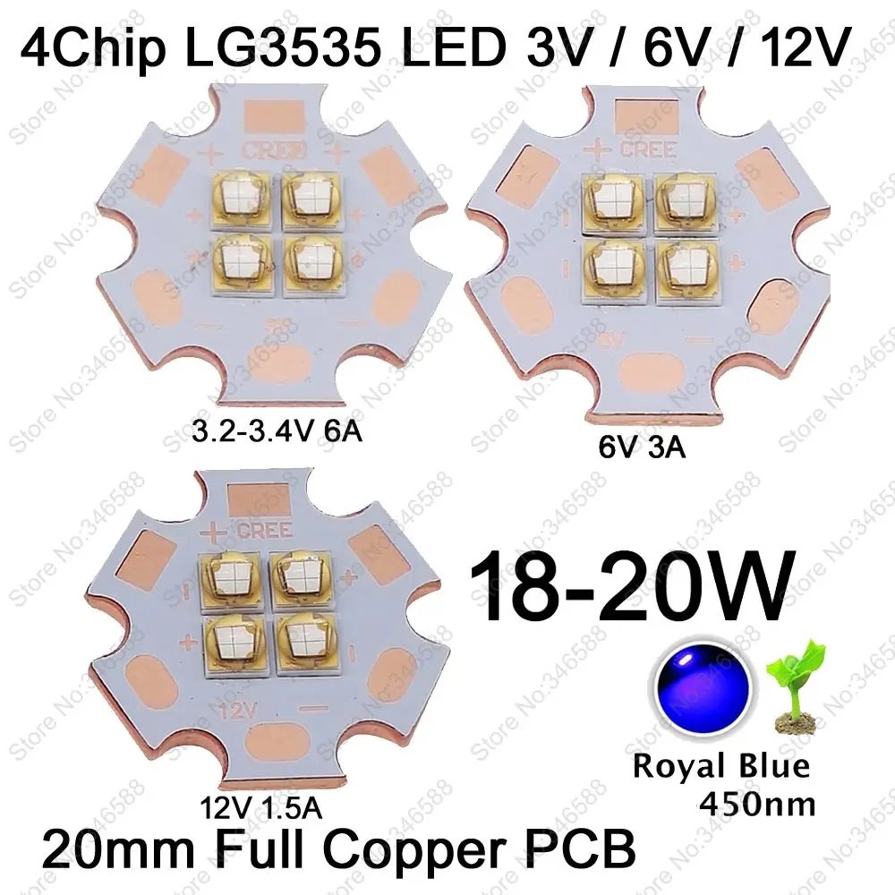 2pcs 3V 6V 12V LG3535 18W 4Chips 4LEDs High Power LED Lighting Emitter Chip Diode Royal Blue 450nm on 20mm Copper PCB
2pcs 3V 6V 12V LG3535 18W 4Chips 4LEDs High Power LED Lighting Emitter Chip Diode Royal Blue 450nm on 20mm Copper PCB