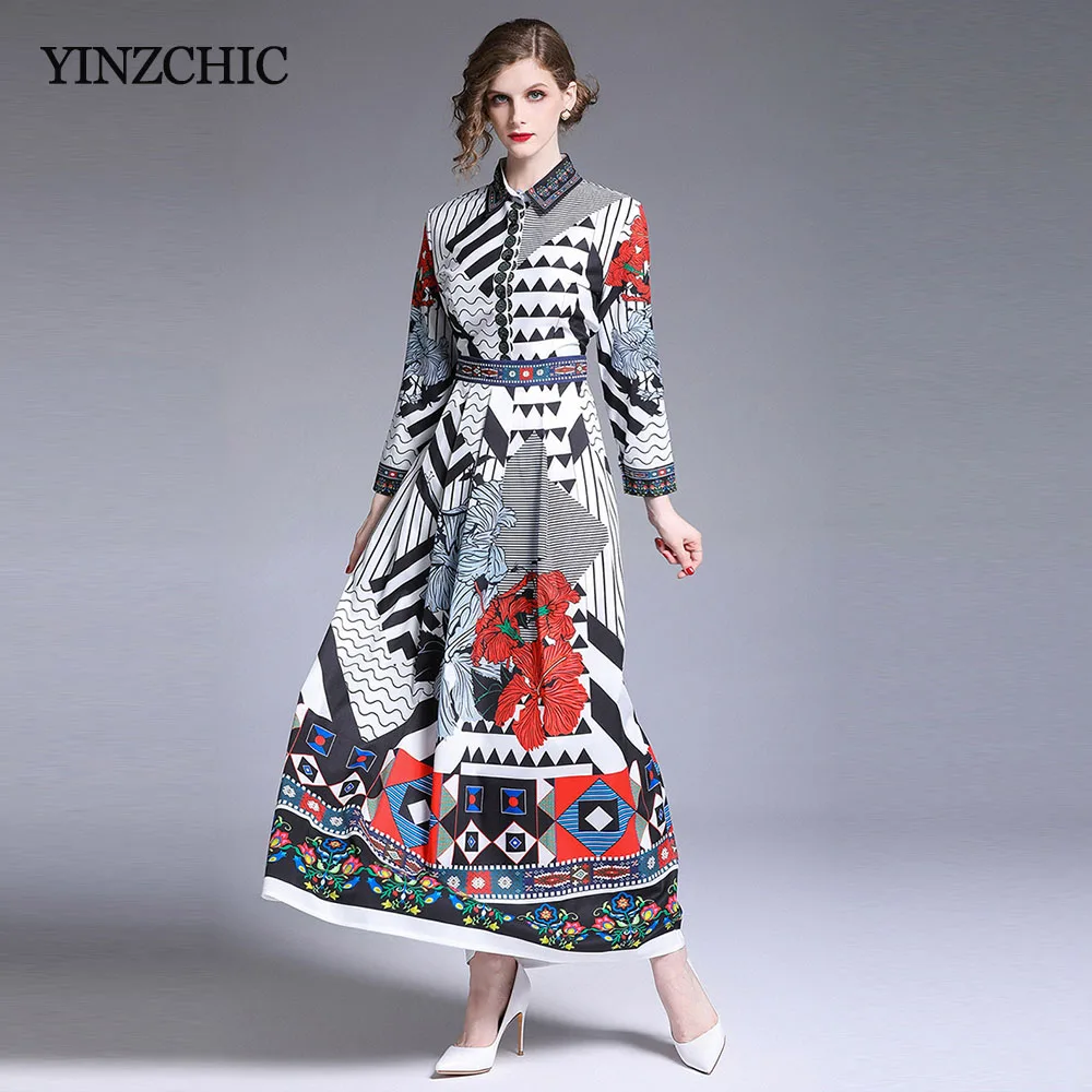 Spring New Woman Maxi Print Dress Turn-down Collar OL Party Dresses Vintage Printed Female A-line Long Dress 2019
Spring New Woman Maxi Print Dress Turn-down Collar OL Party Dresses Vintage Printed Female A-line Long Dress 2019