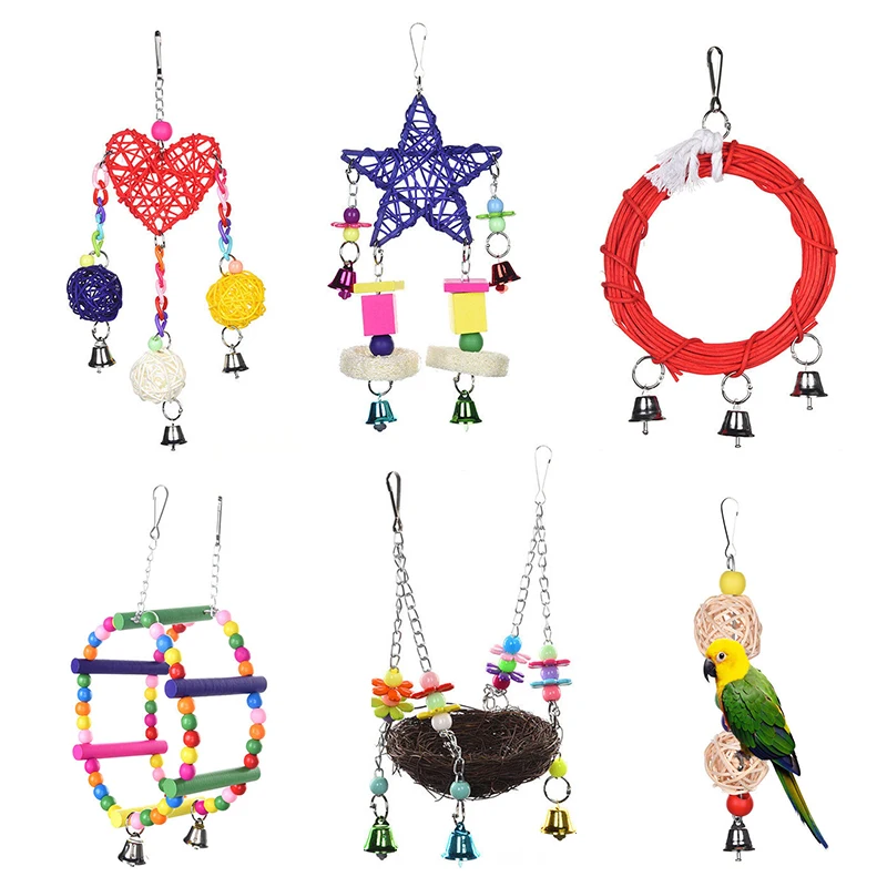Mayitr Parrot Toys Pet Bird Bites Climb Chew Toy Hanging Cockatiel Parakeet Climb Chewing Cage With Bell Bird Toys Multi Styles