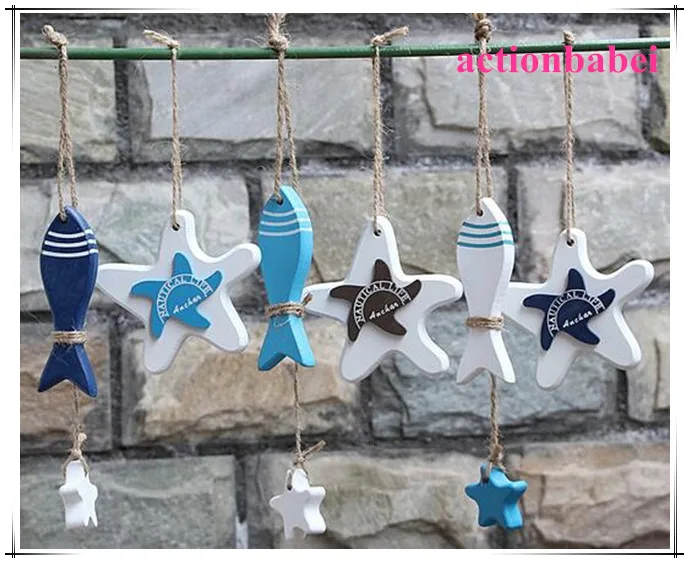 

Hot new Mediterranean Starfish Hung Fish Nautical Decor hang small adorn Crafts Wood Fish/decorated marine pendant free shipping