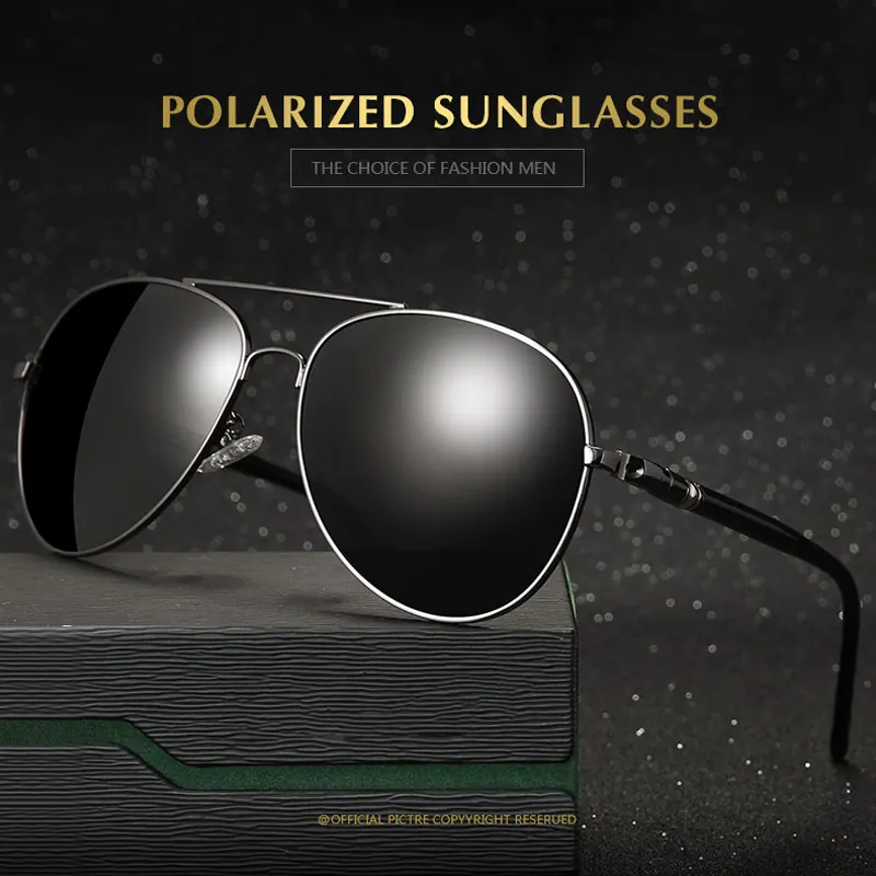 POLARIZED AVIATOR SUNGLASSES BLACK LENS SILVER METAL FRAME MIRROR POLICE UNISEX