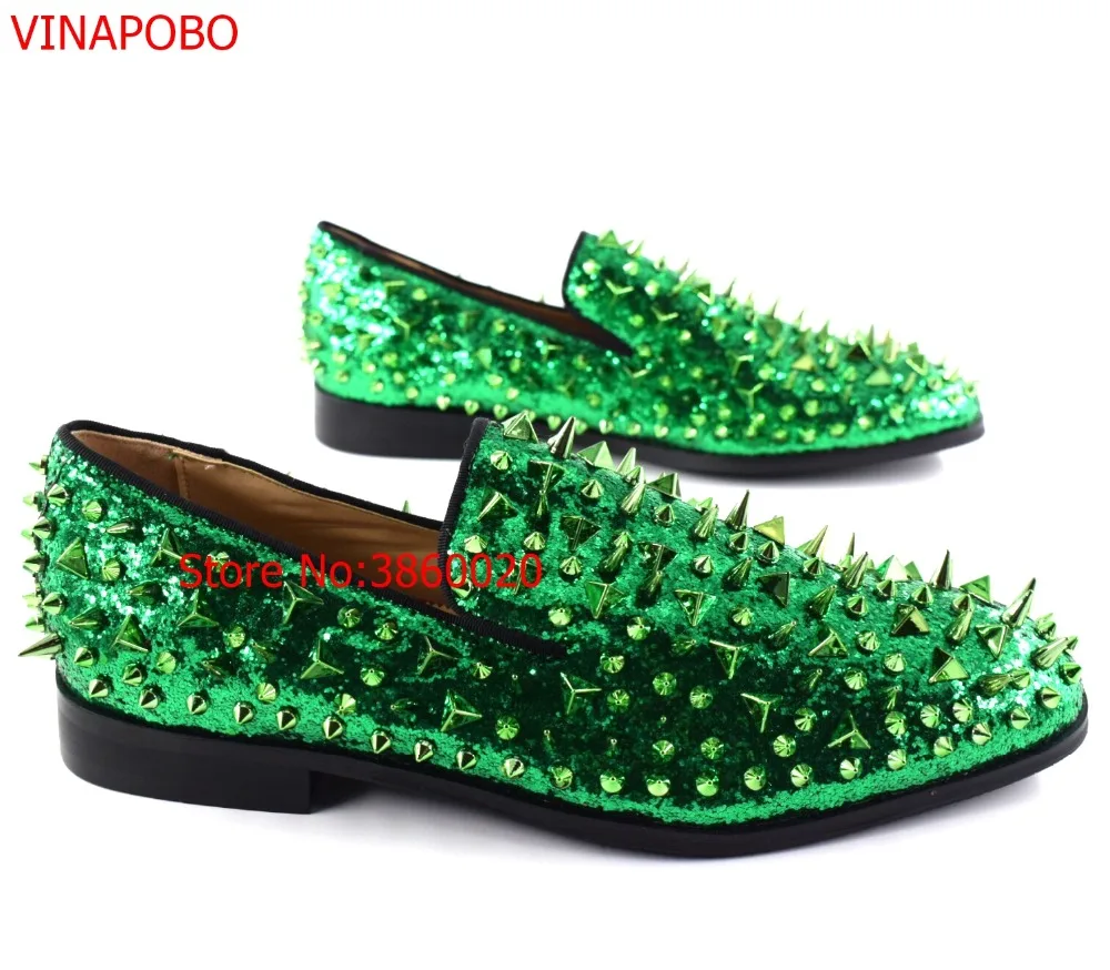 

Fashion Green Spiked Loafers Shoes Men Round Toe Bling Sequins Banque Wedding Shoes Mens Slip On Rivers Men casual Shoes Leather