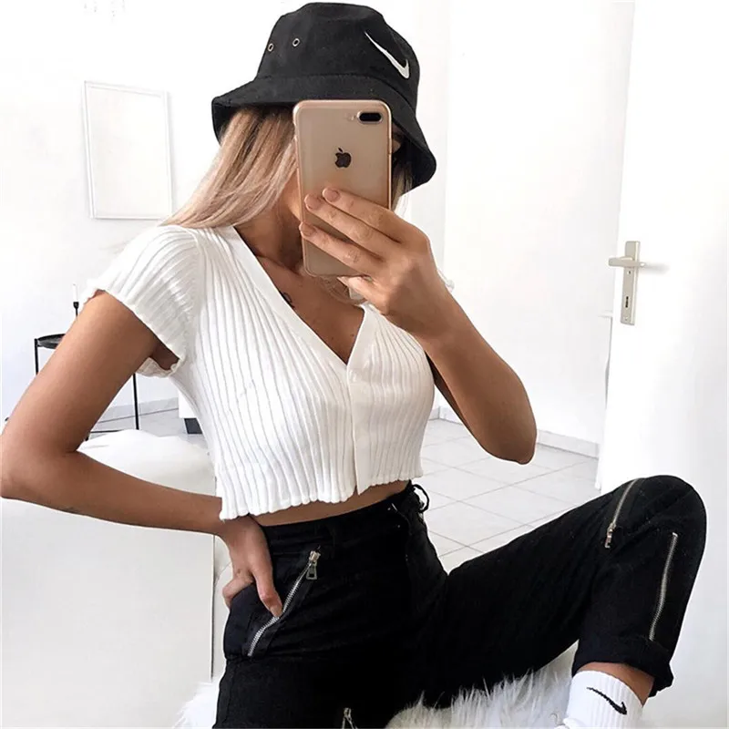 Women Casual Short Sleeve V-neck Button Tops T-Shirt Summer Sexy Women Clothes Crop Tops
Women Casual Short Sleeve V-neck Button Tops T-Shirt Summer Sexy Women Clothes Crop Tops