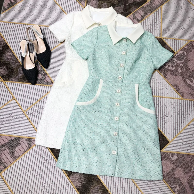 2019 Summer Runway Color Block Single Breasted Tweed Dresses Pockets Short Sleeve Turn Down Collar Mini Weave Dress Jc3278
2019 Summer Runway Color Block Single Breasted Tweed Dresses Pockets Short Sleeve Turn Down Collar Mini Weave Dress Jc3278