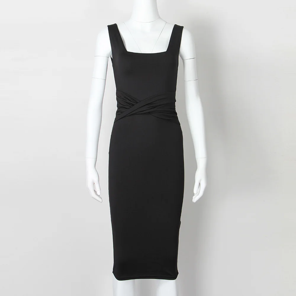 black  Sleeveless O Neck Midi Bodycon Dress