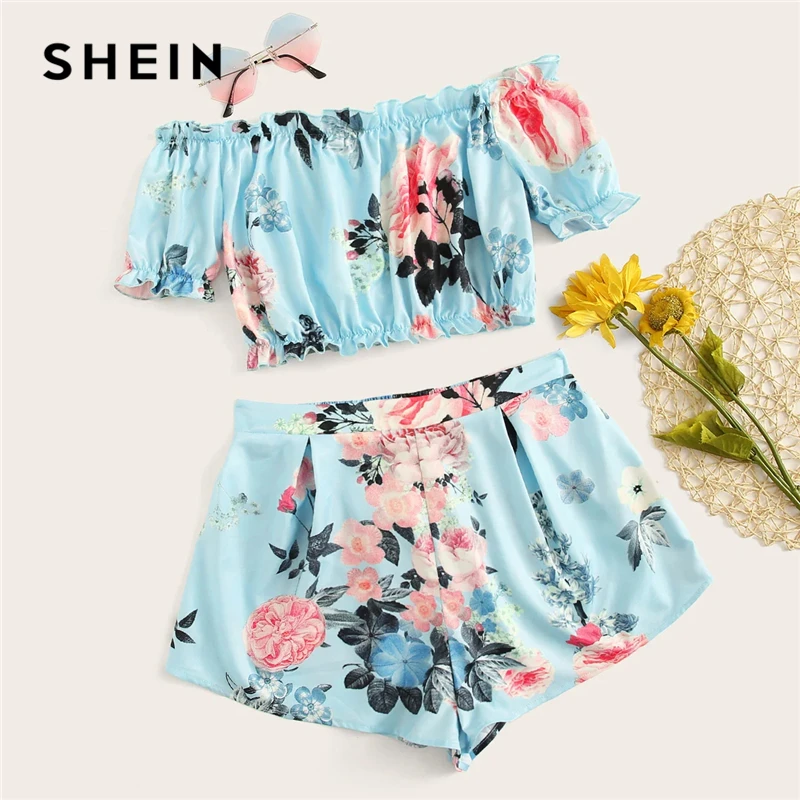 SHEIN Beach Blue Frill Elastic Trim Floral Print Off the Shoulder Crop Top and Shorts Set Women Summer Bohemian Two Piece Set
SHEIN Beach Blue Frill Elastic Trim Floral Print Off the Shoulder Crop Top and Shorts Set Women Summer Bohemian Two Piece Set