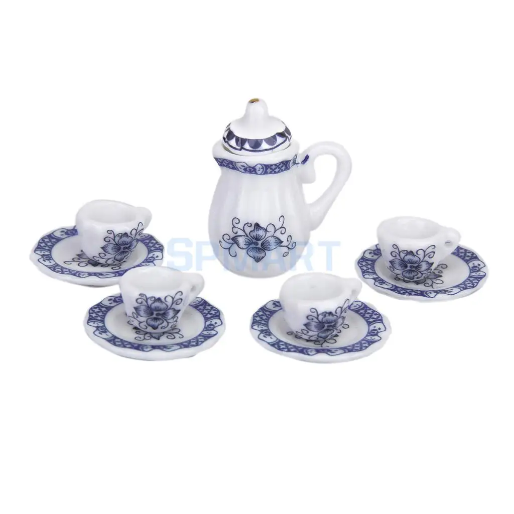 MagiDeal 15Pcs Dollhouse Miniature Dining Ware Blue Porcelain Tea Coffee Set Dish Cup Plate Furniture Decor Pretend Play Toys